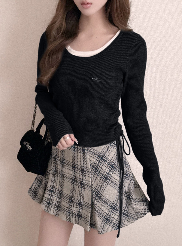 サイドドロストリボンレイヤード風リブニットトップス