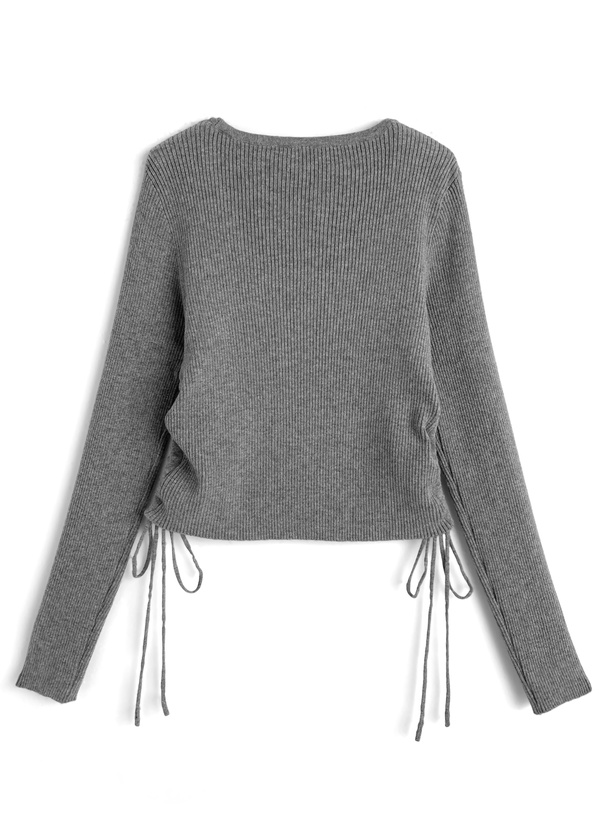 サイドドロストリボンレイヤード風リブニットトップス