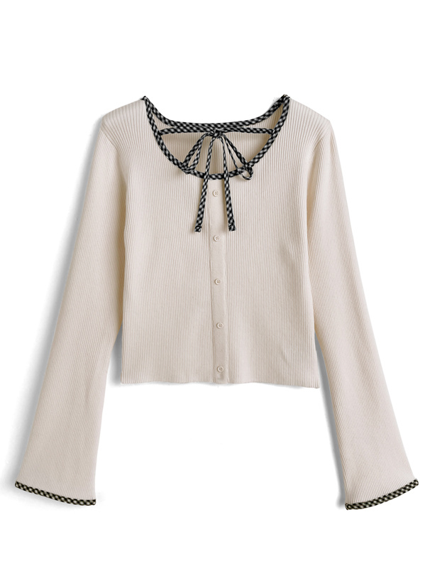 チェック柄パイピングリボンニットトップス