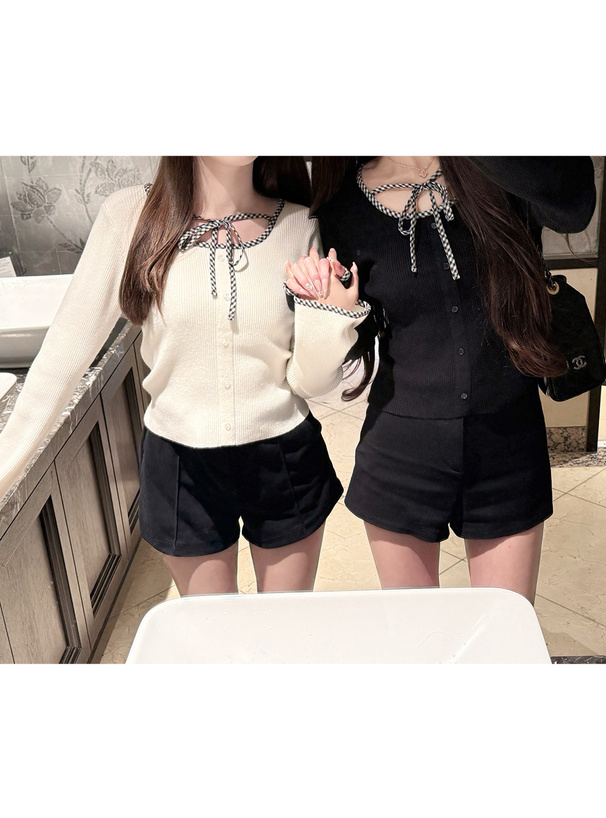 チェック柄パイピングリボンニットトップス[tu1967] | レディース