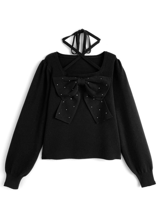 ラインストーンビッグリボンニットトップス
