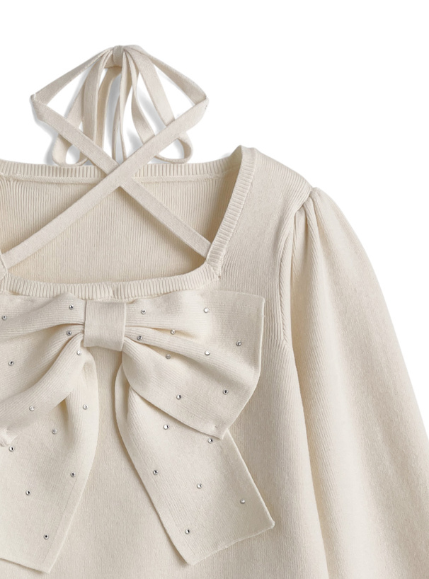 ラインストーンビッグリボンニットトップス