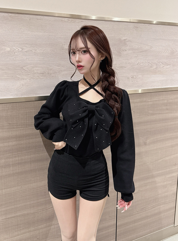 ラインストーンビッグリボンニットトップス[tu1968] | レディース