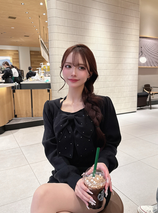 ラインストーンビッグリボンニットトップス