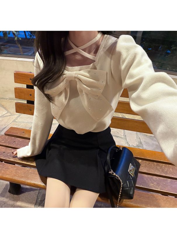 ラインストーンビッグリボンニットトップス