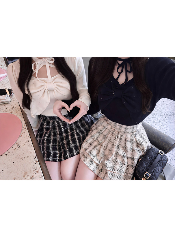 ラインストーンビッグリボンニットトップス