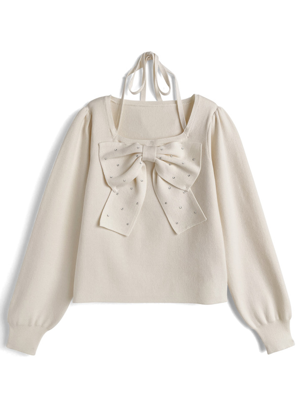 ラインストーンビッグリボンニットトップス