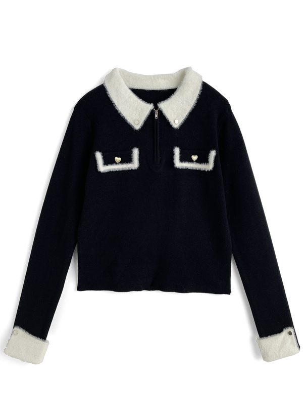 シャギーカラー配色ハーフジップニットトップス