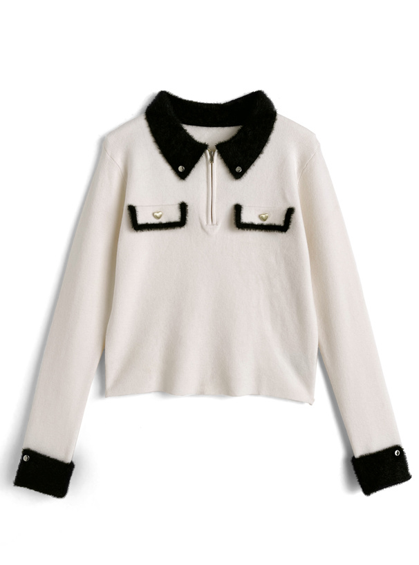 シャギーカラー配色ハーフジップニットトップス