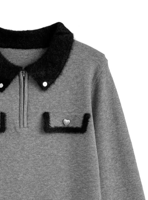 シャギーカラー配色ハーフジップニットトップス