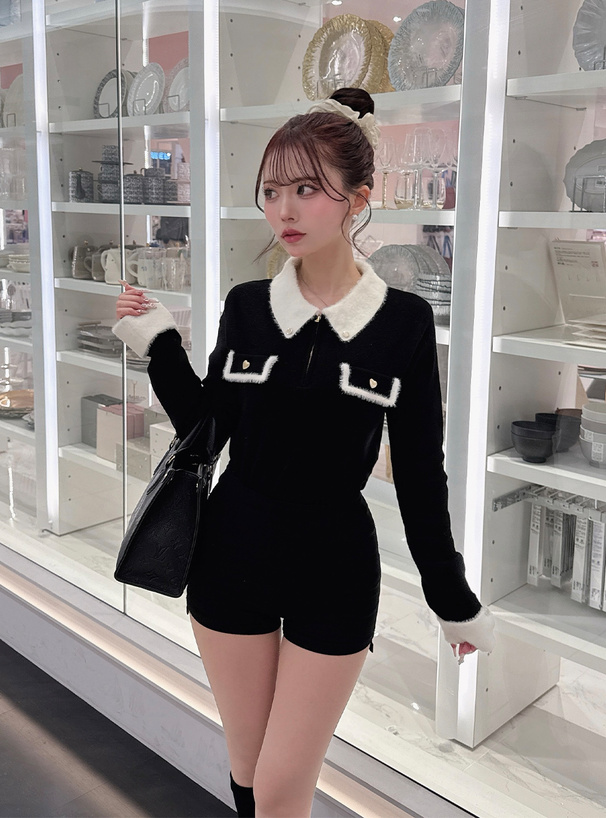 シャギーカラー配色ハーフジップニットトップス