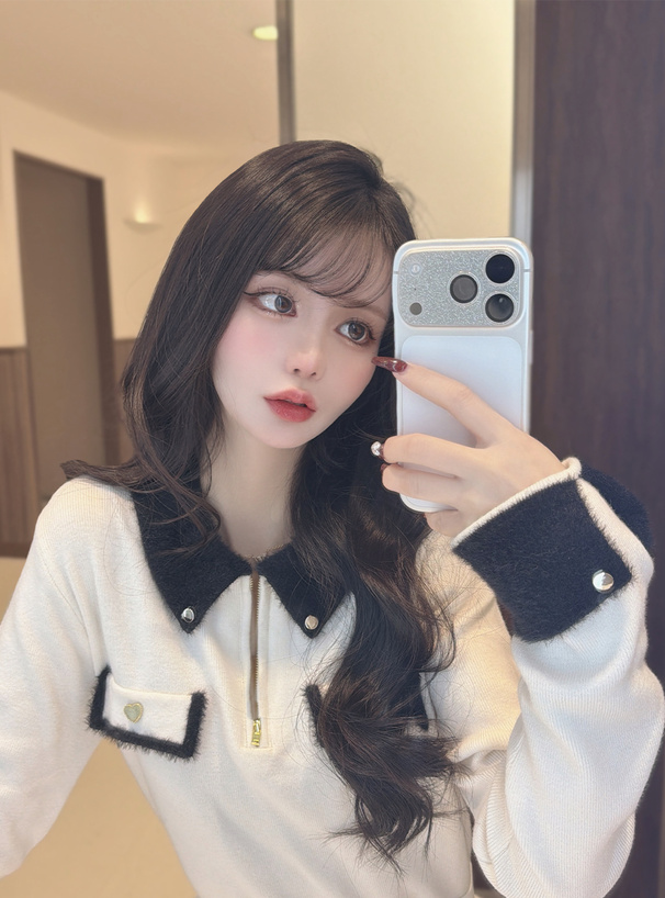 シャギーカラー配色ハーフジップニットトップス