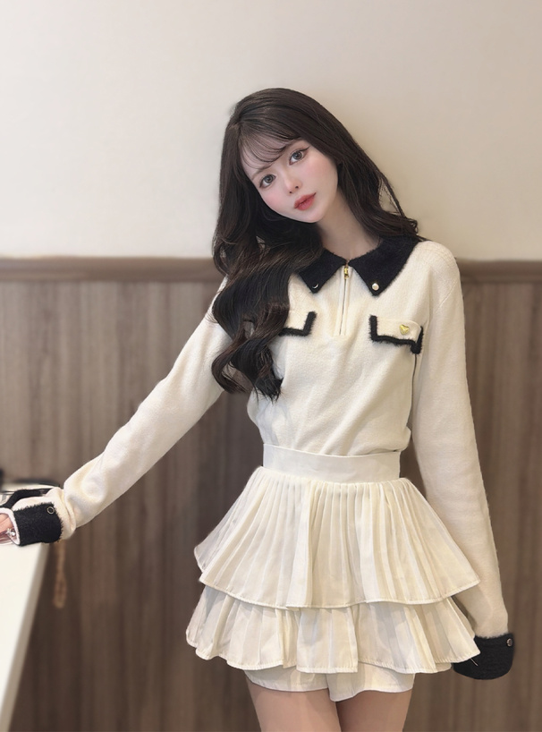 シャギーカラー配色ハーフジップニットトップス