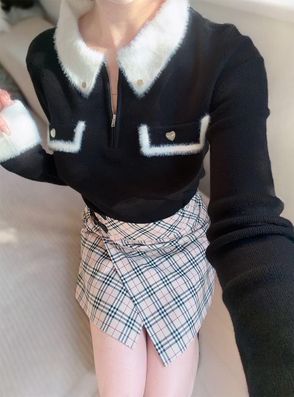 シャギーカラー配色ハーフジップニットトップス