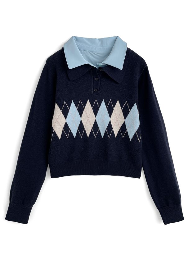 アーガイル柄シャツレイヤード風ニットトップス[tu1970]