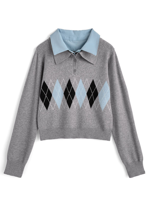 アーガイル柄シャツレイヤード風ニットトップス