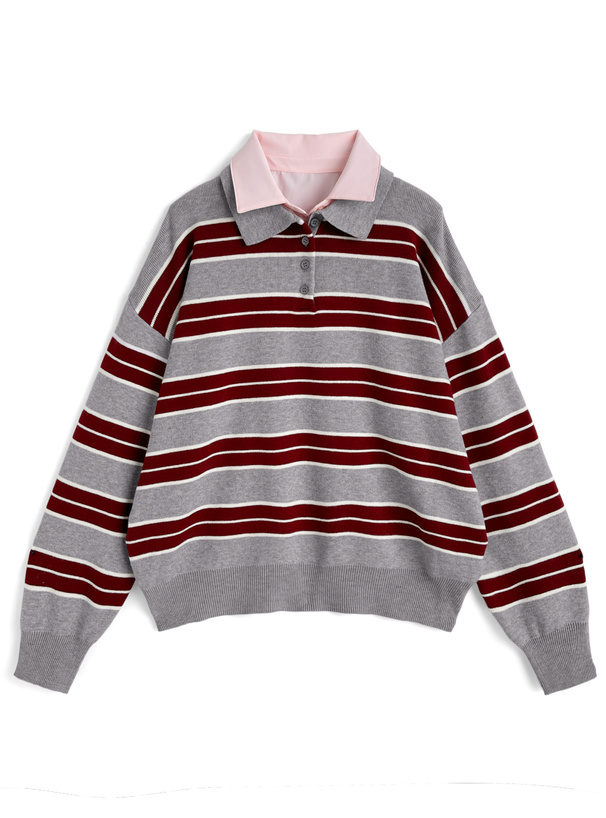 ボーダー柄シャツレイヤード風ニットトップス[tu1971]