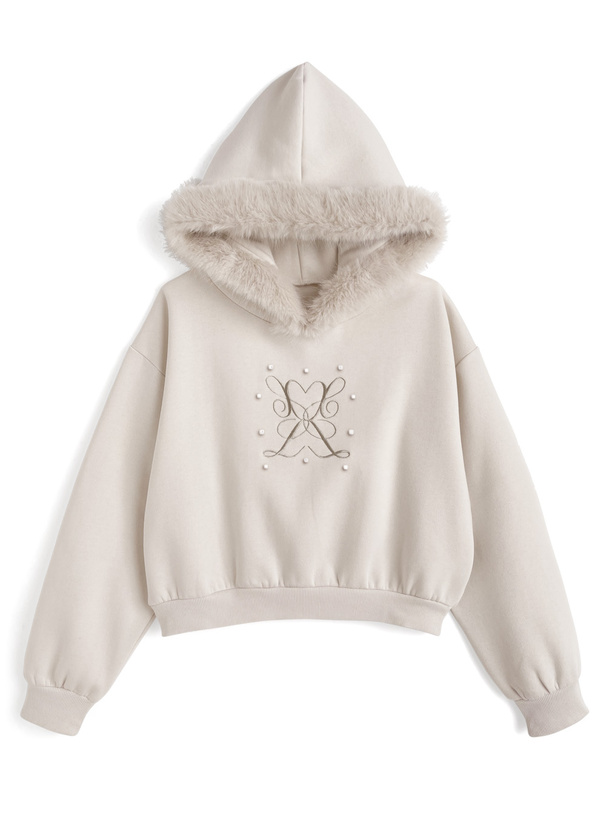 ファーフードロゴ刺繍スウェットパーカー