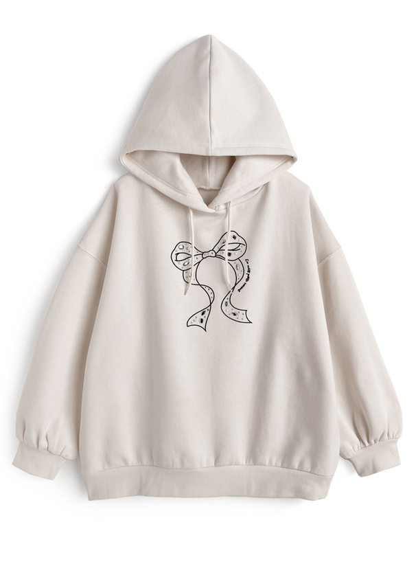 リボン刺繍ラインストーンスウェットパーカー