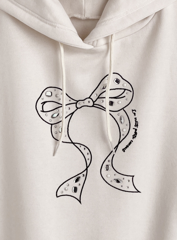 リボン刺繍ラインストーンスウェットパーカー