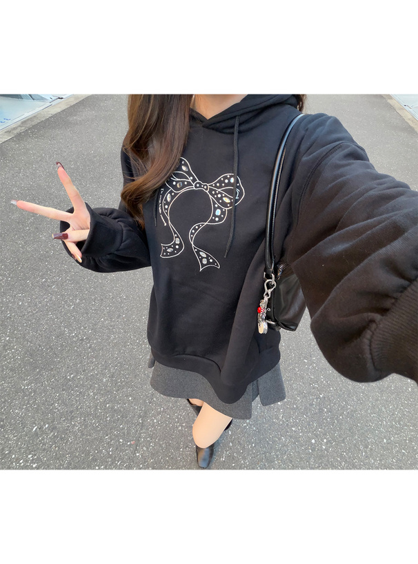 リボン刺繍ラインストーンスウェットパーカー
