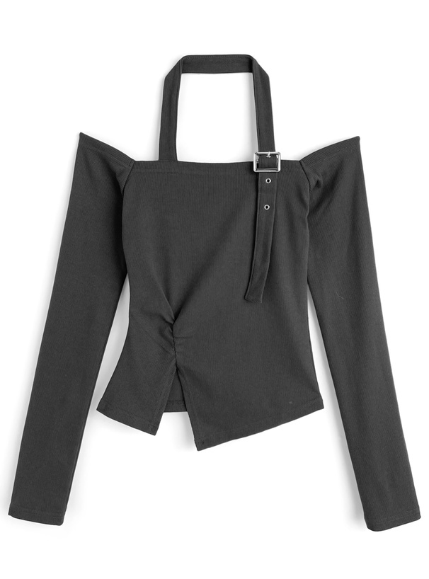 ホルターネックベルトオフショルダーキャザースリットトップス