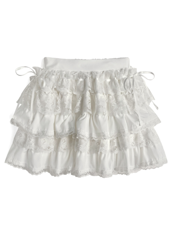 インパン裏地付きレースリボンティアードフリルミニスカート