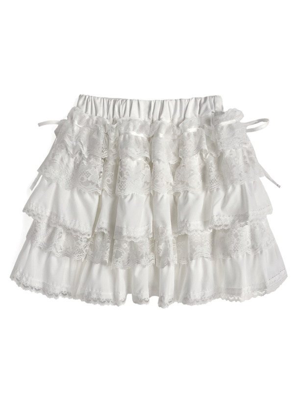 インパン裏地付きレースリボンティアードフリルミニスカート