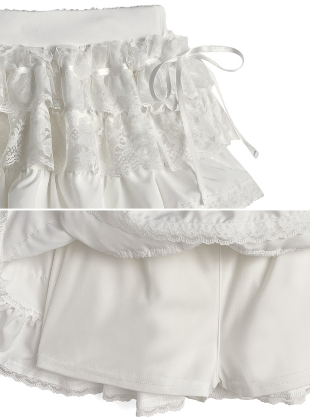 インパン裏地付きレースリボンティアードフリルミニスカート