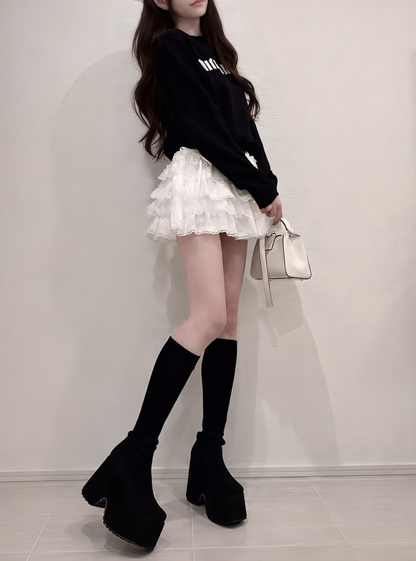 インパン裏地付きレースリボンティアードフリルミニスカート