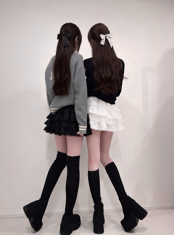 インパン裏地付きレースリボンティアードフリルミニスカート