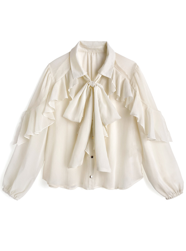 リボン付きラッフルフリルシアーブラウス