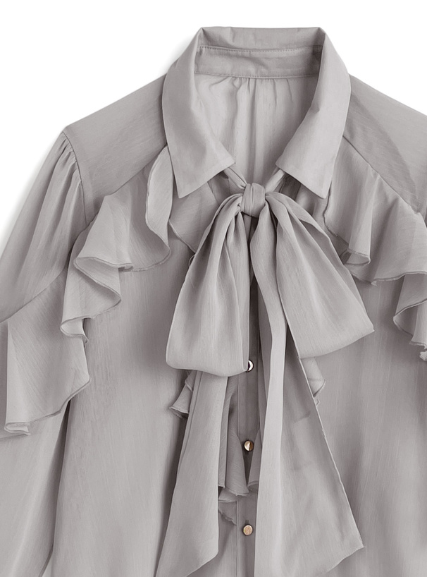 リボン付きラッフルフリルシアーブラウス
