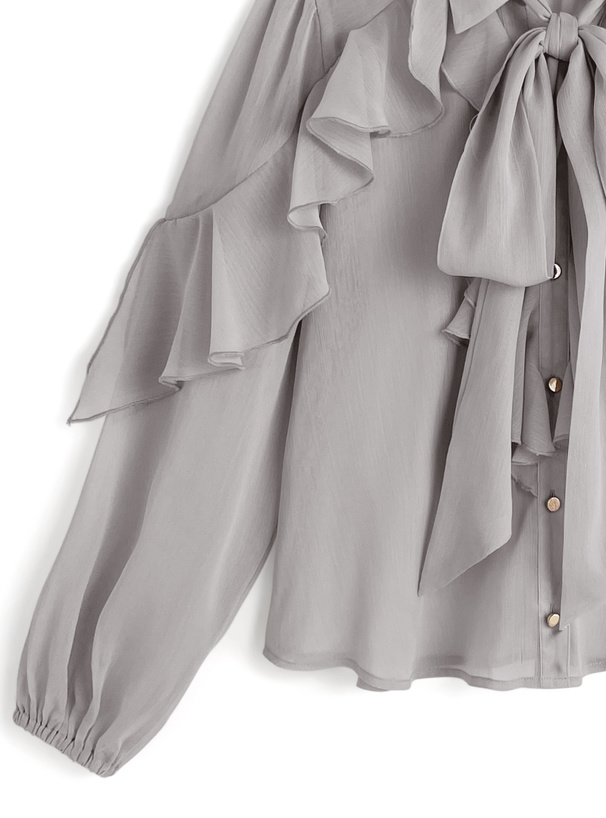 リボン付きラッフルフリルシアーブラウス