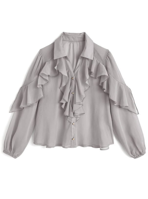 リボン付きラッフルフリルシアーブラウス