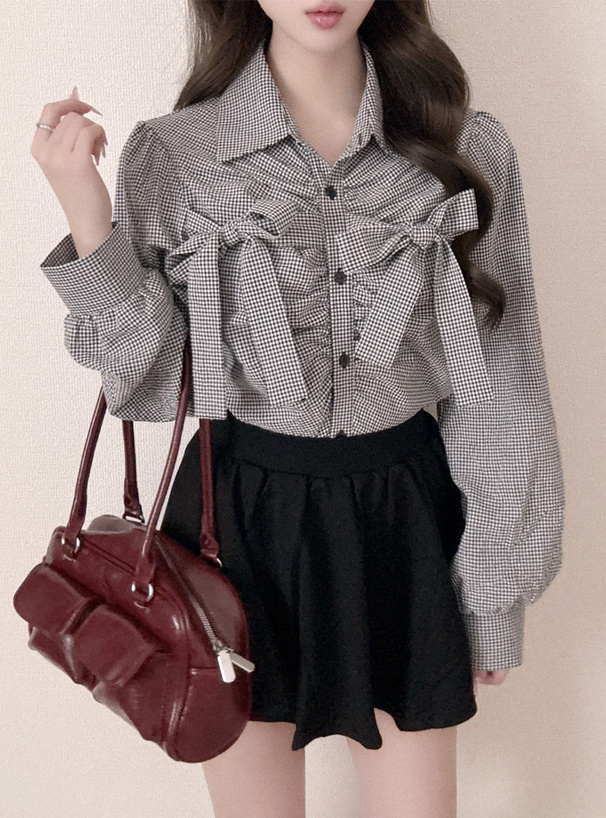 チェック柄ダブルリボンギャザーブラウス[tu1984] | レディース