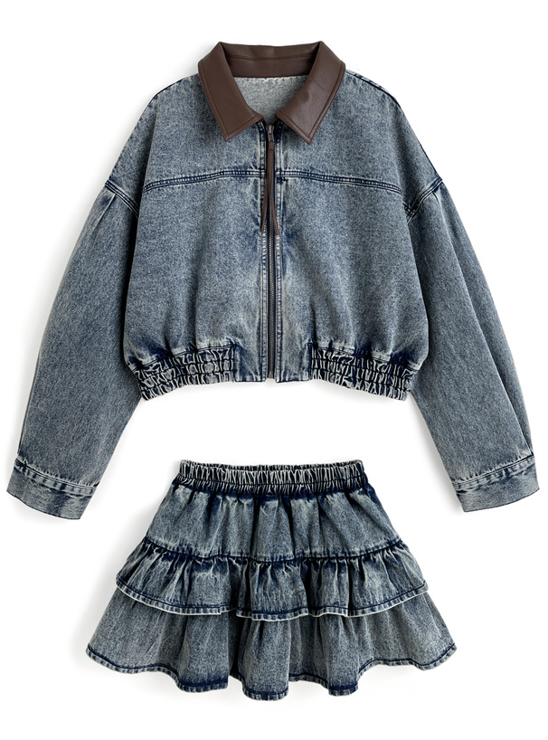 disワイト レザーカラーブルゾン×ティアードミニスカートデニムセットアップ