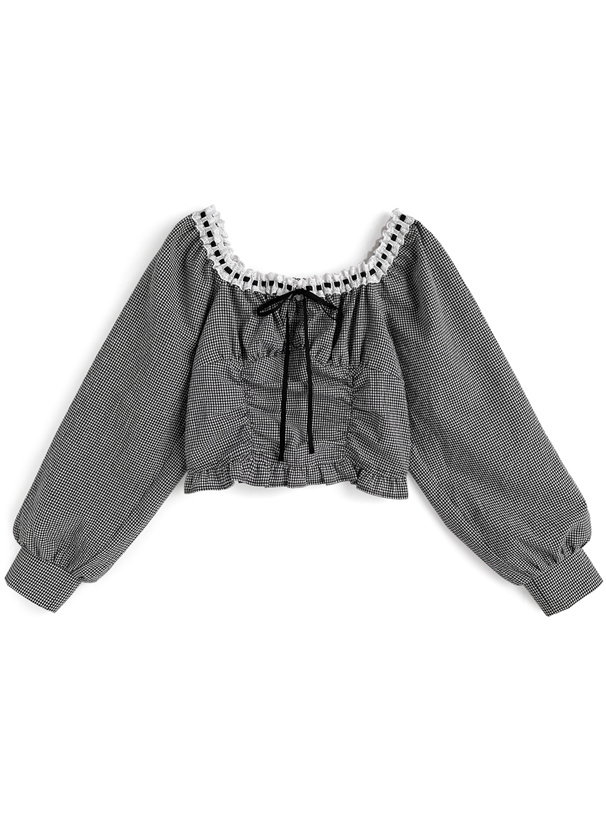 ギンガムチェック柄レースリボンフリルトップス[tu2010]
