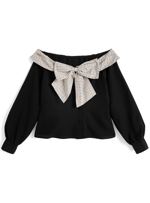 チェック柄リボンオフショルダートップス[tu2012]