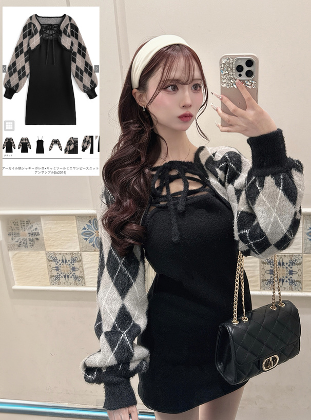 アーガイル柄シャギーボレロ×キャミソールミニワンピースニットアンサンブル