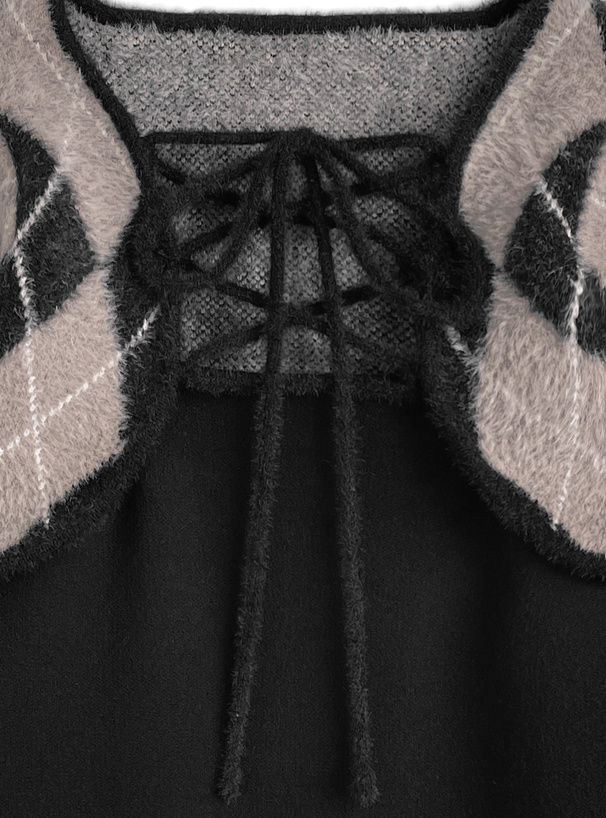 アーガイル柄シャギーボレロ×キャミソールミニワンピースニットアンサンブル