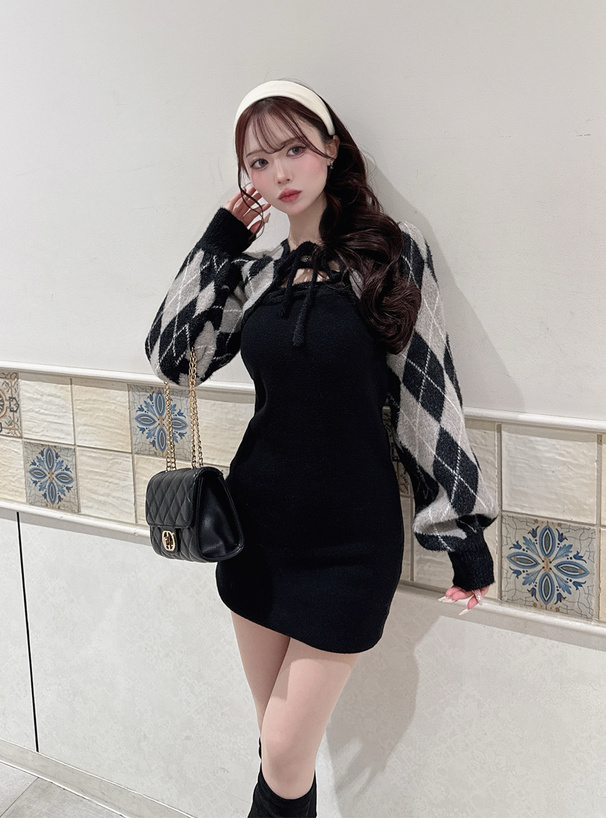 アーガイル柄シャギーボレロ×キャミソールミニワンピースニットアンサンブル