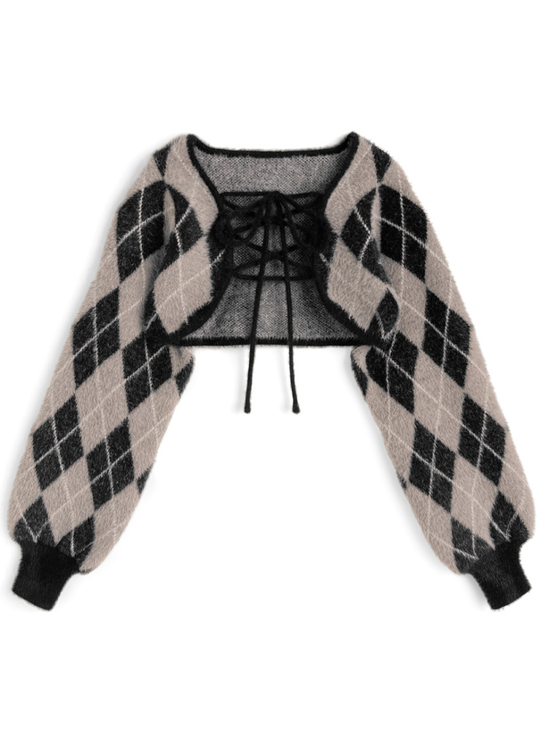 アーガイル柄シャギーボレロ×キャミソールミニワンピースニットアンサンブル