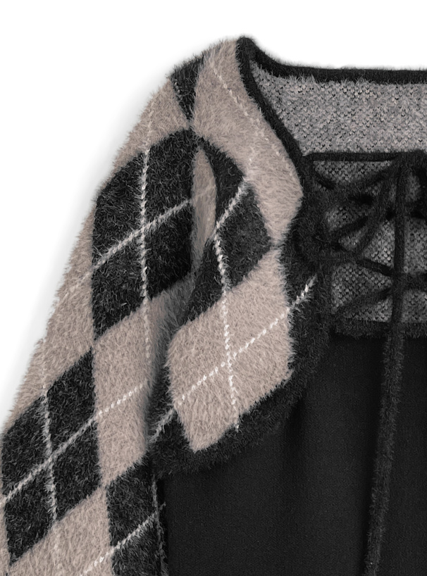 アーガイル柄シャギーボレロ×キャミソールミニワンピースニットアンサンブル