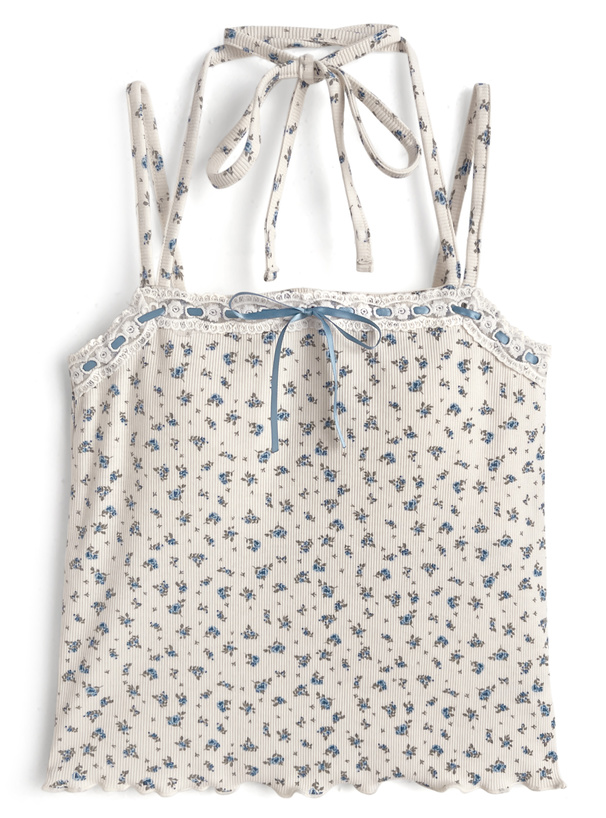 2Wayカップ付き小花柄レースリボンキャミソール[tu2019]