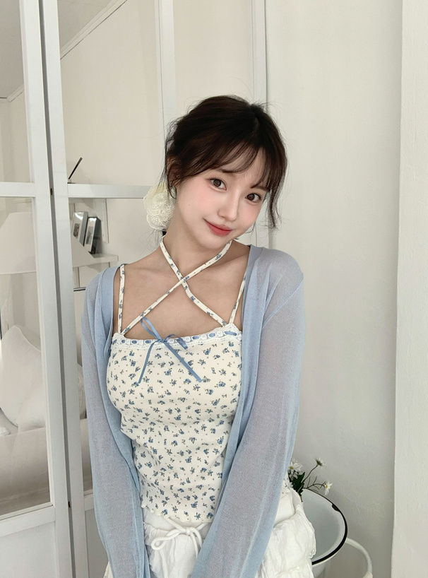 2Wayカップ付き小花柄レースリボンキャミソール