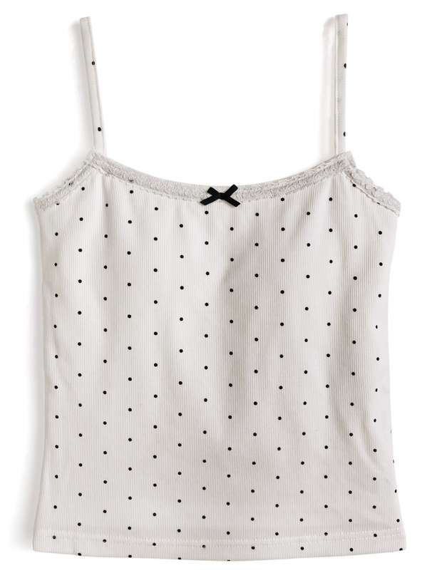 カップ付きドット柄レースリボンキャミソール