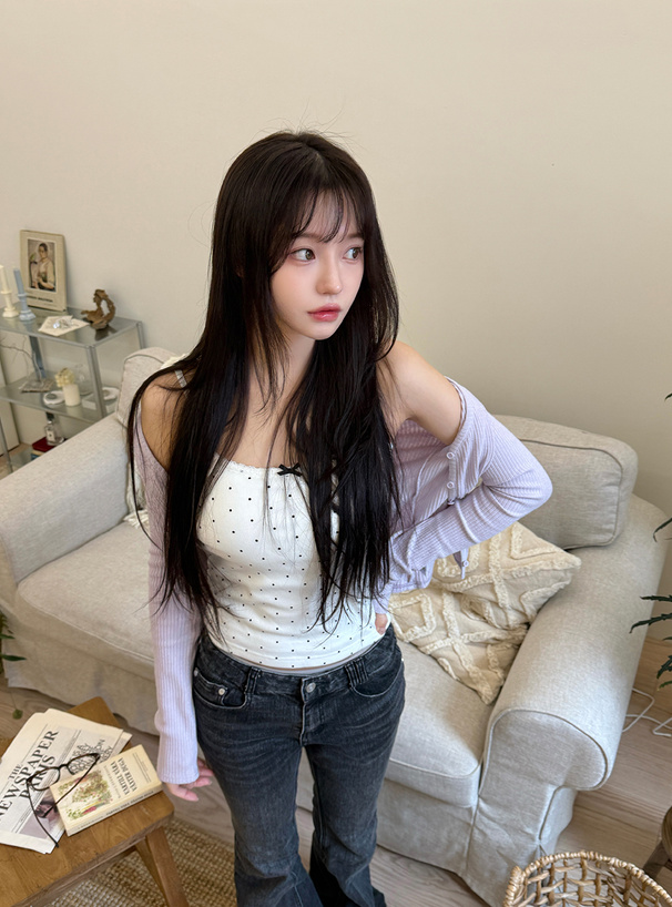 カップ付きドット柄レースリボンキャミソール