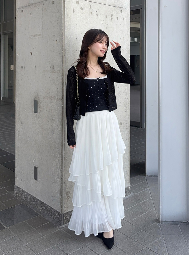 カップ付きドット柄レースリボンキャミソール