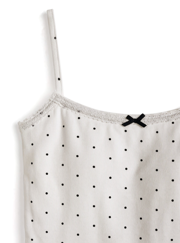 カップ付きドット柄レースリボンキャミソール